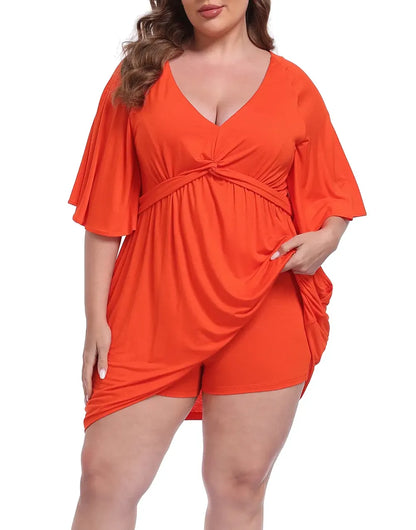 ✨Women Plus Size V-Neck Tie Waist Romper Dress With Built-In Anti-Chafing Shorts✨