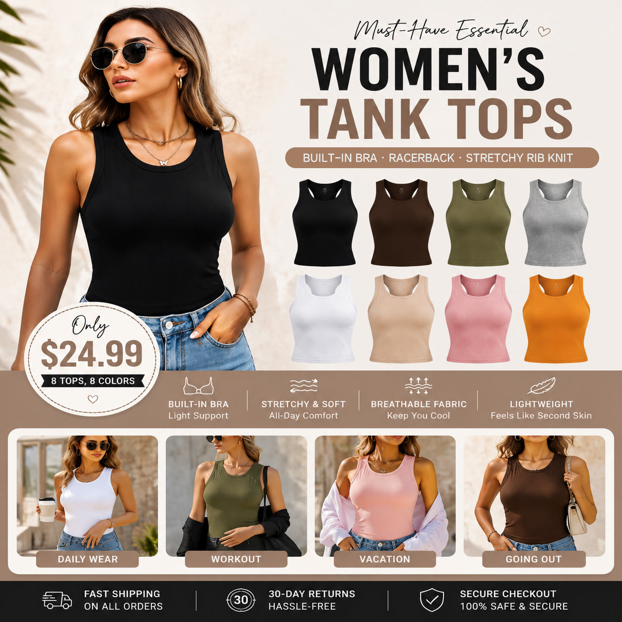 This Week's Special Price🍃Round Neck Ribbed Built-In Bra Tank Top | All-Day Support Casual Comfort Camisole, No Bra Needed💥