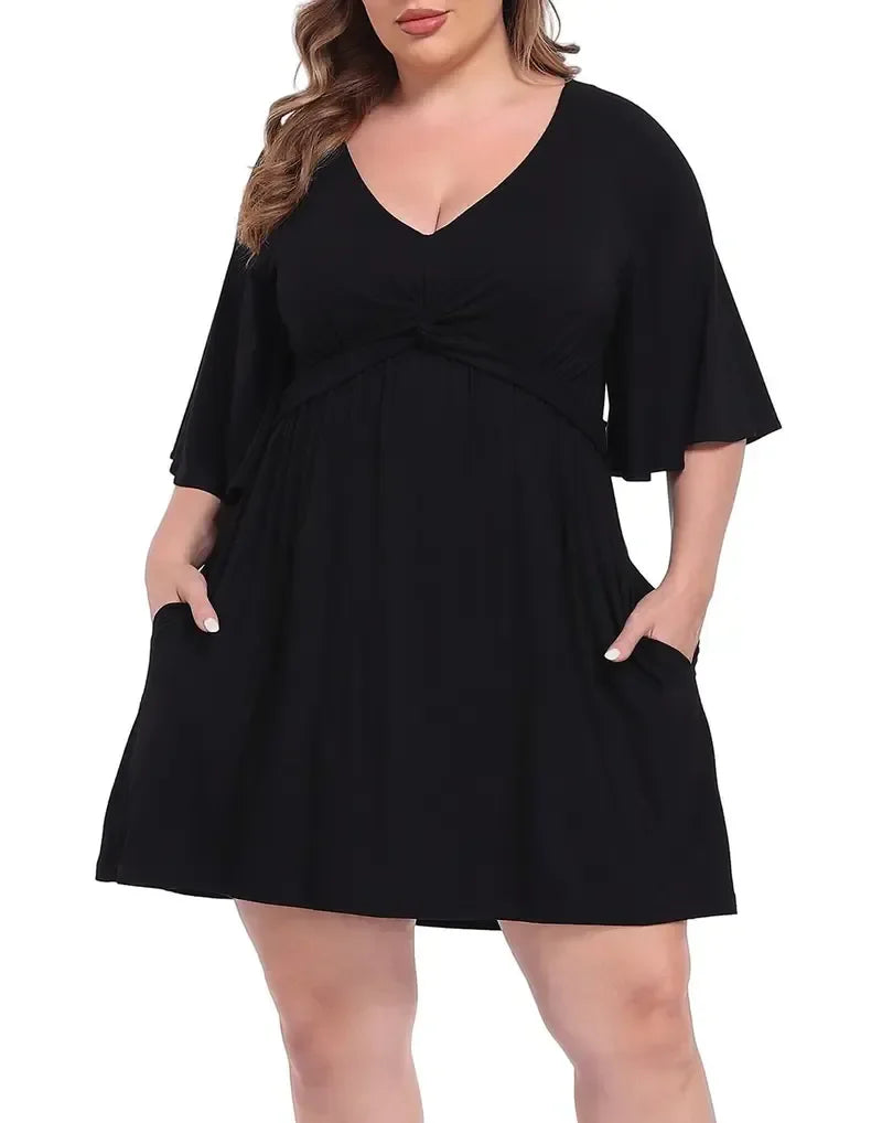 ✨Women Plus Size V-Neck Tie Waist Romper Dress With Built-In Anti-Chafing Shorts✨