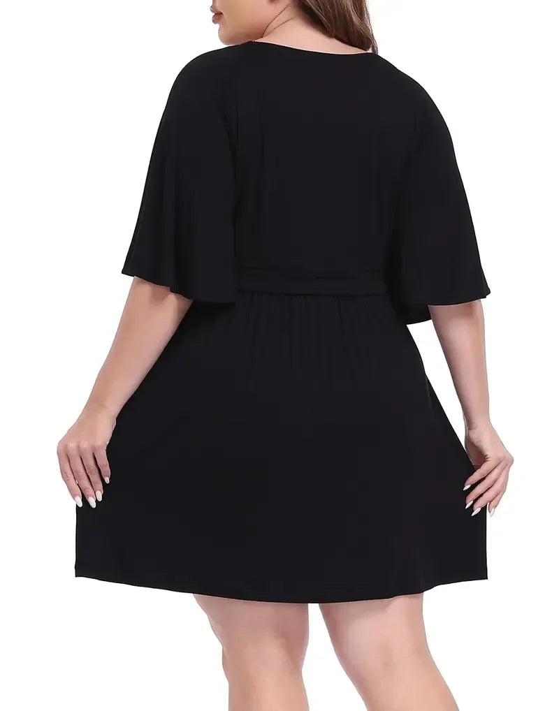 ✨Women Plus Size V-Neck Tie Waist Romper Dress With Built-In Anti-Chafing Shorts✨