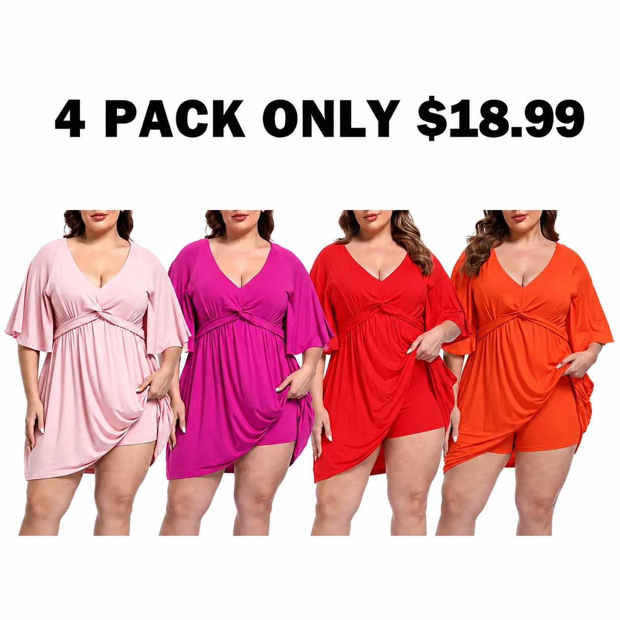 ✨Women Plus Size V-Neck Tie Waist Romper Dress With Built-In Anti-Chafing Shorts✨