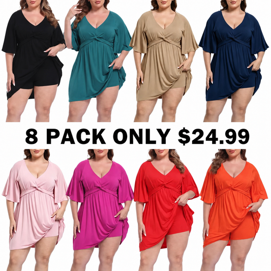 ✨Women Plus Size V-Neck Tie Waist Romper Dress With Built-In Anti-Chafing Shorts✨