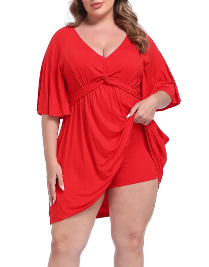 ✨Women Plus Size V-Neck Tie Waist Romper Dress With Built-In Anti-Chafing Shorts✨